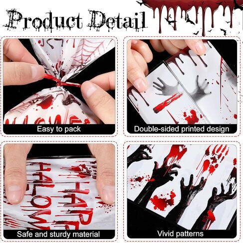Pajean 150 Pcs Halloween Cellophane Bags Halloween Candy Treat Bag Pumpkin Handprint Skull Spider Web Patterned Plastic Wrap Gift Bag for Splatter Party Favors Supplies(Skull Style) in Saudi Arabia