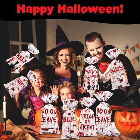 Pajean 150 Pcs Halloween Cellophane Bags Halloween Candy Treat Bag Pumpkin Handprint Skull Spider Web Patterned Plastic Wrap Gift Bag for Splatter Party Favors Supplies(Skull Style) in Saudi Arabia