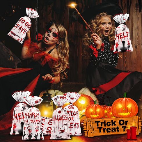 Pajean 150 Pcs Halloween Cellophane Bags Halloween Candy Treat Bag Pumpkin Handprint Skull Spider Web Patterned Plastic Wrap Gift Bag for Splatter Party Favors Supplies(Skull Style) in Saudi Arabia
