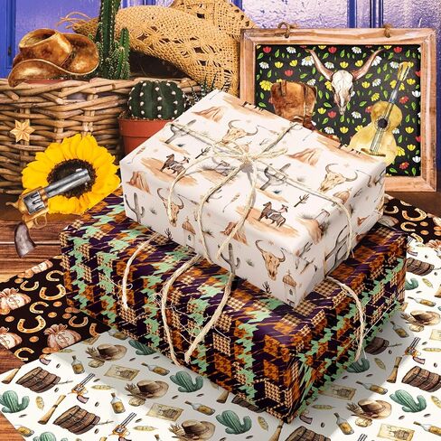 Jajajuegos 12-Sheet Western Wrapping Paper | 6 Wild West Designs (Cactus, Boots) | 20x27 Inch Western-Themed Gift Wrap for Western Cowboy Birthdays, Western Parties, Family Gatherings & Holiday in Saudi Arabia