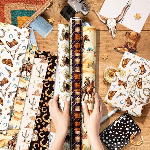 Jajajuegos 12-Sheet Western Wrapping Paper | 6 Wild West Designs (Cactus, Boots) | 20x27 Inch Western-Themed Gift Wrap for Western Cowboy Birthdays, Western Parties, Family Gatherings & Holiday in Saudi Arabia