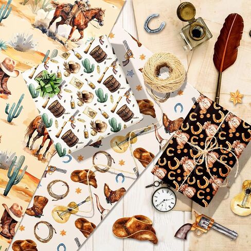 Jajajuegos 12-Sheet Western Wrapping Paper | 6 Wild West Designs (Cactus, Boots) | 20x27 Inch Western-Themed Gift Wrap for Western Cowboy Birthdays, Western Parties, Family Gatherings & Holiday in Saudi Arabia