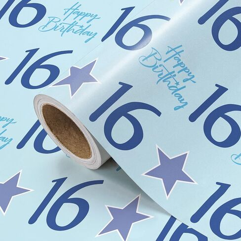 WRAPAHOLIC Boy 16th Birthday Wrapping Paper - Mini Roll - 17 Inch x 16.5 Feet - Teen Boy Blue Stars with 16 Happy Birthday Design Perfect for Party, Holiday in Saudi Arabia