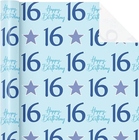 WRAPAHOLIC Boy 16th Birthday Wrapping Paper - Mini Roll - 17 Inch x 16.5 Feet - Teen Boy Blue Stars with 16 Happy Birthday Design Perfect for Party, Holiday in Saudi Arabia