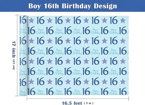 WRAPAHOLIC Boy 16th Birthday Wrapping Paper - Mini Roll - 17 Inch x 16.5 Feet - Teen Boy Blue Stars with 16 Happy Birthday Design Perfect for Party, Holiday in Saudi Arabia