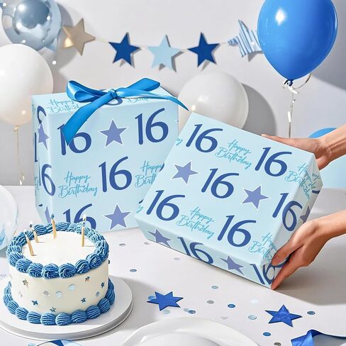 WRAPAHOLIC Boy 16th Birthday Wrapping Paper - Mini Roll - 17 Inch x 16.5 Feet - Teen Boy Blue Stars with 16 Happy Birthday Design Perfect for Party, Holiday in Saudi Arabia