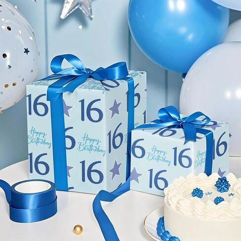 WRAPAHOLIC Boy 16th Birthday Wrapping Paper - Mini Roll - 17 Inch x 16.5 Feet - Teen Boy Blue Stars with 16 Happy Birthday Design Perfect for Party, Holiday in Saudi Arabia