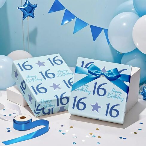 WRAPAHOLIC Boy 16th Birthday Wrapping Paper - Mini Roll - 17 Inch x 16.5 Feet - Teen Boy Blue Stars with 16 Happy Birthday Design Perfect for Party, Holiday in Saudi Arabia