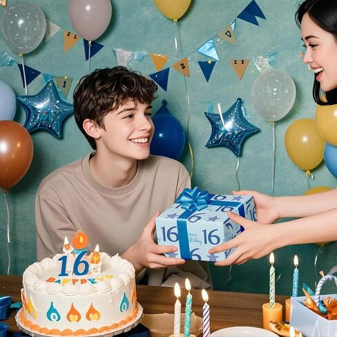 WRAPAHOLIC Boy 16th Birthday Wrapping Paper - Mini Roll - 17 Inch x 16.5 Feet - Teen Boy Blue Stars with 16 Happy Birthday Design Perfect for Party, Holiday in Saudi Arabia