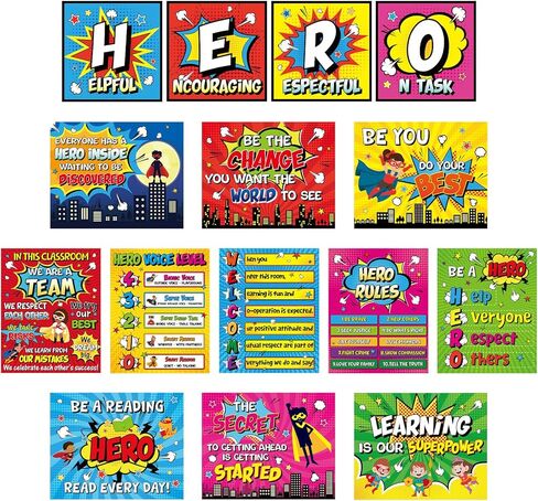 GISGFIM 15PCS HERO موضوع الفصول الدراسية ، لوحة إعلانات ، مجموعة من الملصقات ذات الطابع الفائق ذات الطابع ، لافتة إيجابية أقوال الأبطال الملهمة للفصول الدراسية في مرحلة ما قبل المدرسة الابتدائية. in Kuwait
