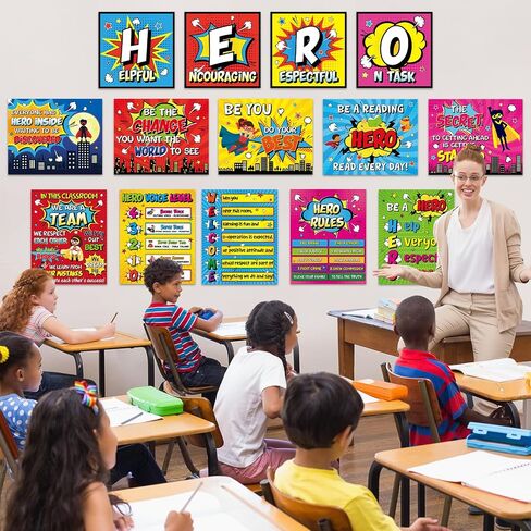 GISGFIM 15PCS HERO موضوع الفصول الدراسية ، لوحة إعلانات ، مجموعة من الملصقات ذات الطابع الفائق ذات الطابع ، لافتة إيجابية أقوال الأبطال الملهمة للفصول الدراسية في مرحلة ما قبل المدرسة الابتدائية. in Kuwait