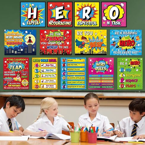 GISGFIM 15PCS HERO موضوع الفصول الدراسية ، لوحة إعلانات ، مجموعة من الملصقات ذات الطابع الفائق ذات الطابع ، لافتة إيجابية أقوال الأبطال الملهمة للفصول الدراسية في مرحلة ما قبل المدرسة الابتدائية. in Kuwait