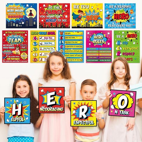 GISGFIM 15PCS HERO موضوع الفصول الدراسية ، لوحة إعلانات ، مجموعة من الملصقات ذات الطابع الفائق ذات الطابع ، لافتة إيجابية أقوال الأبطال الملهمة للفصول الدراسية في مرحلة ما قبل المدرسة الابتدائية. in Kuwait