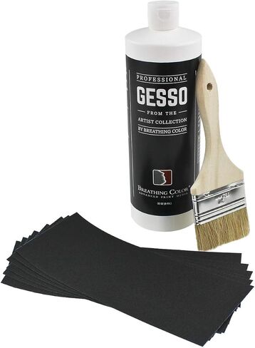 بيضاء Gesso Canvas Primer حزمة 8 أوقية. مع فرشاة التطبيق وورق الصنفرة. الحفاظ على الطلاء من الامتصاص! سواء أكان الأكريليكات أو الزيوت أو الألوان المائية أو الباستيل ، تجعل كل لوحة تبدو أفضلها المطلقة in Kuwait