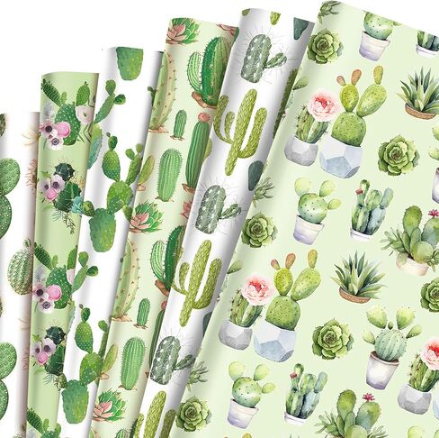 Cactus Wrapping Paper Set - 12 Sheets Watercolor Cactus Gift Wrapping Paper 6 Design Green Plant Art Tropical Potted Plant and Flowers Patterns Paper for Wedding Bridal Baby Shower Party 20'' x 27'' in Saudi Arabia