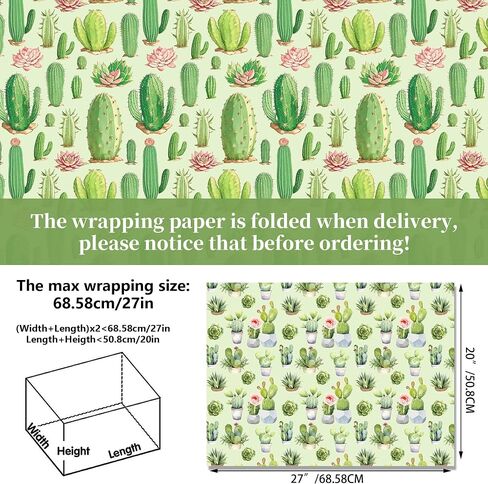 Cactus Wrapping Paper Set - 12 Sheets Watercolor Cactus Gift Wrapping Paper 6 Design Green Plant Art Tropical Potted Plant and Flowers Patterns Paper for Wedding Bridal Baby Shower Party 20'' x 27'' in Saudi Arabia