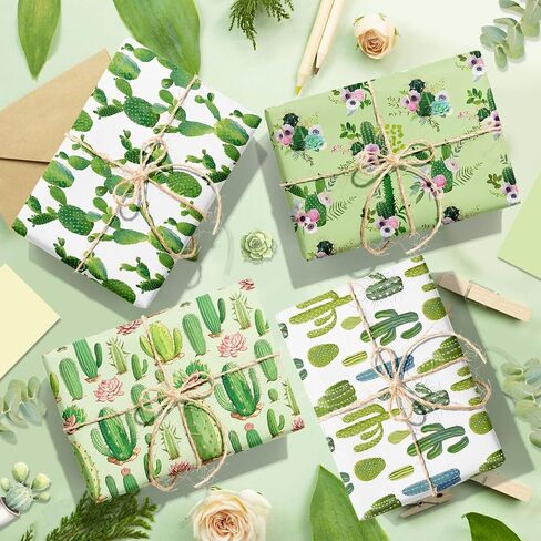 Cactus Wrapping Paper Set - 12 Sheets Watercolor Cactus Gift Wrapping Paper 6 Design Green Plant Art Tropical Potted Plant and Flowers Patterns Paper for Wedding Bridal Baby Shower Party 20'' x 27'' in Saudi Arabia
