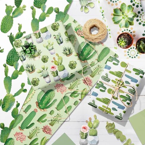 Cactus Wrapping Paper Set - 12 Sheets Watercolor Cactus Gift Wrapping Paper 6 Design Green Plant Art Tropical Potted Plant and Flowers Patterns Paper for Wedding Bridal Baby Shower Party 20'' x 27'' in Saudi Arabia