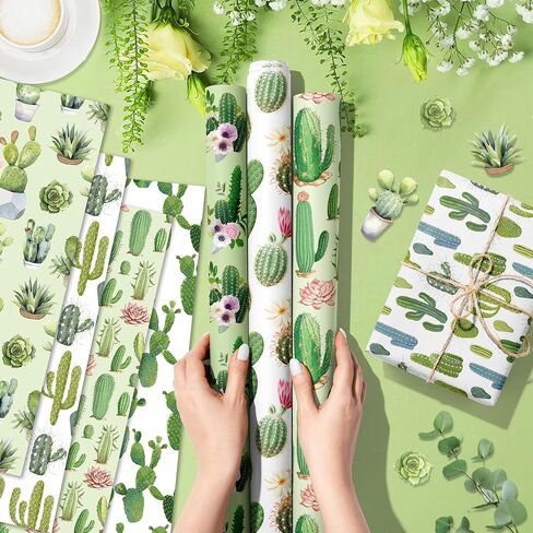 Cactus Wrapping Paper Set - 12 Sheets Watercolor Cactus Gift Wrapping Paper 6 Design Green Plant Art Tropical Potted Plant and Flowers Patterns Paper for Wedding Bridal Baby Shower Party 20'' x 27'' in Saudi Arabia