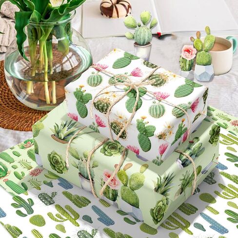 Cactus Wrapping Paper Set - 12 Sheets Watercolor Cactus Gift Wrapping Paper 6 Design Green Plant Art Tropical Potted Plant and Flowers Patterns Paper for Wedding Bridal Baby Shower Party 20'' x 27'' in Saudi Arabia