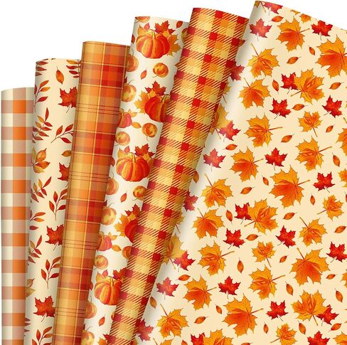JarThenaAMCS 12 Sheet Fall Wrapping Paper -Not Roll- Pumpkin Maple Leaf Plaid Gift Wrap Paper Folded Flat Orange Art Paper for Autumn Thanksgiving DIY Crafts Gift Wrapping in Saudi Arabia