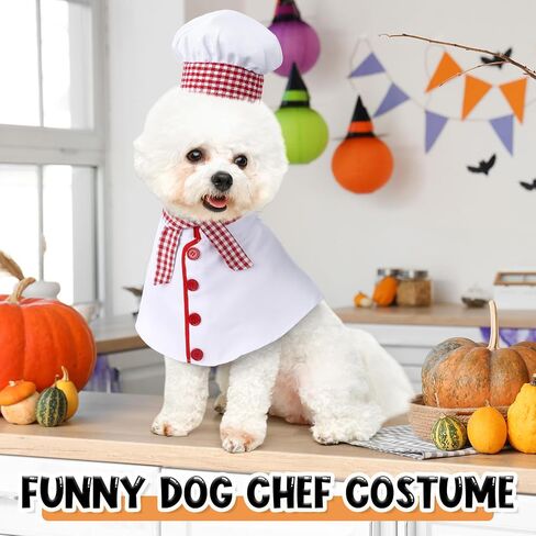 3 PCS Dog Chef Costume Chors تشمل ملابس قبعة الطهاة الكلب مع وشاح أحمر وأبيض منقوشة ملابس مضحكة ملابس عيد الهالوين للحيوانات الأليفة الصغيرة المتوسطة الكلاب (صغيرة) (صغيرة) in Kuwait
