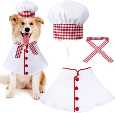 3 PCS Dog Chef Costume Chors تشمل ملابس قبعة الطهاة الكلب مع وشاح أحمر وأبيض منقوشة ملابس مضحكة ملابس عيد الهالوين للحيوانات الأليفة الصغيرة المتوسطة الكلاب (صغيرة) (صغيرة) in Saudi Arabia