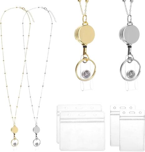 Retractable Badge Reel Lanyards with ID Holders, Stainless Steel Lanyard Necklace, Necklace Chain Badge Lanyards for Women(Gold, Sliver) in Kuwait