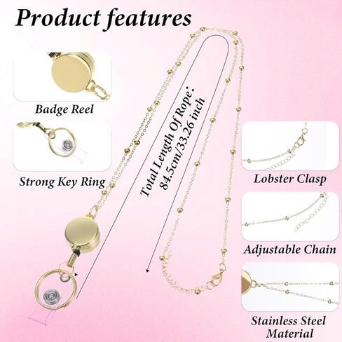 Retractable Badge Reel Lanyards with ID Holders, Stainless Steel Lanyard Necklace, Necklace Chain Badge Lanyards for Women(Gold, Sliver) in Kuwait