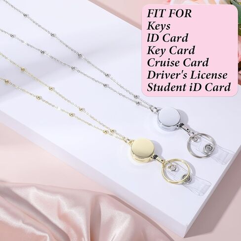 Retractable Badge Reel Lanyards with ID Holders, Stainless Steel Lanyard Necklace, Necklace Chain Badge Lanyards for Women(Gold, Sliver) in Kuwait