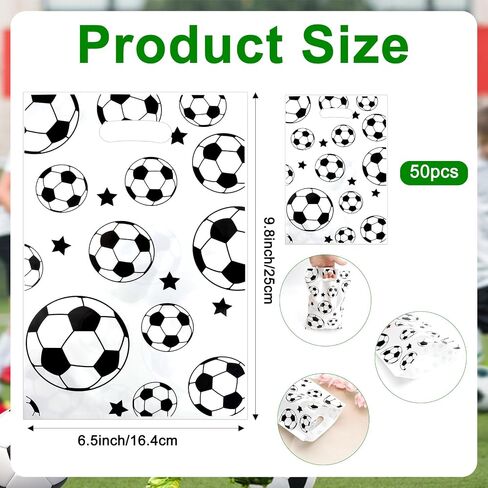 eowqeiur Soccer Goodie Bags, 50 PCS Plastic Soccer Theme Handle Bags(6.5x9.8 Inch) for Candy Goody Snack Cookie Treat Gift Wrap Team Birthday Party Favors School Class Supplies Sport Pouch Baggies in Saudi Arabia