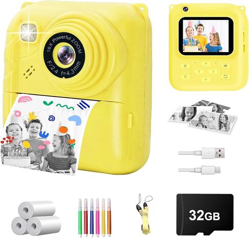 Instant Print Camera for Kids, 1080P Video Camera with 3 Print Rolls, 32GB Card & Cute Cover, Gift for Girls Boys Age 3-12, Toddler Digital Camera with Games, Filters, Music – Green in Saudi Arabia