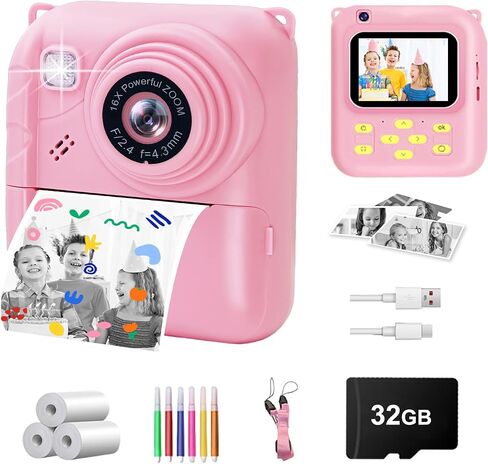 Instant Print Camera for Kids, 1080P Video Camera with 3 Print Rolls, 32GB Card & Cute Cover, Gift for Girls Boys Age 3-12, Toddler Digital Camera with Games, Filters, Music – Green in Saudi Arabia