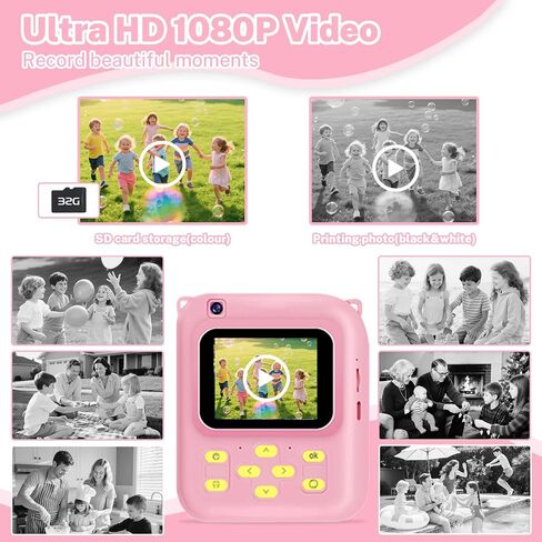 Instant Print Camera for Kids, 1080P Video Camera with 3 Print Rolls, 32GB Card & Cute Cover, Gift for Girls Boys Age 3-12, Toddler Digital Camera with Games, Filters, Music – Green in Saudi Arabia