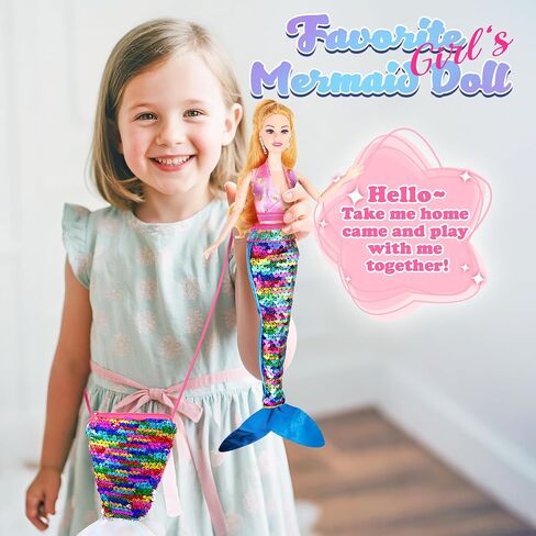Mermaid Doll with Mermaid Purse| Brown Hair Princess Doll Playset with for Summer Water | Crossbody Mermaid Tail Coin Purse for Girls 4-7 | Mermaid Party Favors Birthday Christmas Holiday Gifts in Saudi Arabia