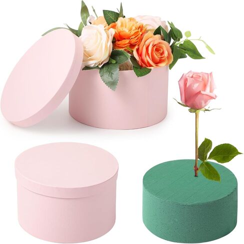 OMISTAR Round Floral Foam Present Box with Lid, Floral Arrangement Foam with Presentation Box, Elegant Flower Foam Container for Mother's Day, Valentine's Day, Anniversary, Wedding in Saudi Arabia