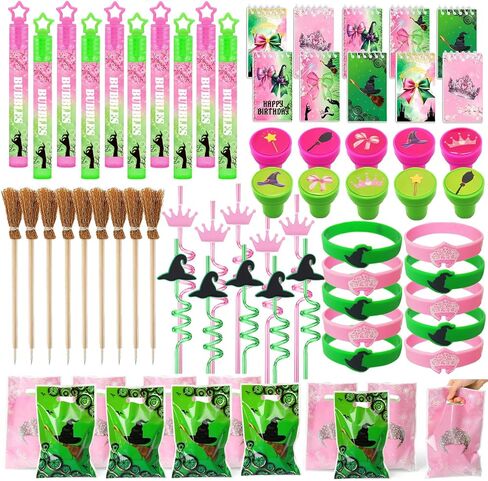 Pink and Green Party Favor Decorations 70Pcs Bubbles Notebooks Stamps Broom Pencils Plastic Straws Goodie Bags Wristbands for Birthday Theme Decor Gift Supplies in Saudi Arabia