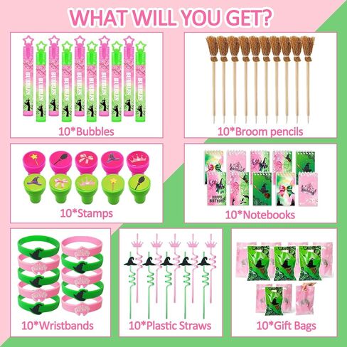 Pink and Green Party Favor Decorations 70Pcs Bubbles Notebooks Stamps Broom Pencils Plastic Straws Goodie Bags Wristbands for Birthday Theme Decor Gift Supplies in Saudi Arabia