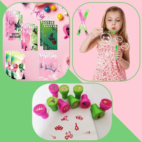Pink and Green Party Favor Decorations 70Pcs Bubbles Notebooks Stamps Broom Pencils Plastic Straws Goodie Bags Wristbands for Birthday Theme Decor Gift Supplies in Saudi Arabia