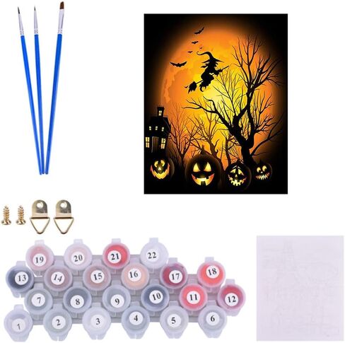 Acioppl Halloween Paint بأرقام للبالغين معالج المبتدئين DIY Acrylic Painting Kits الرعب الرعب زيت الرسم بواسطة مجموعة الساحرة الساحرة Cat Cat Canvas in Kuwait