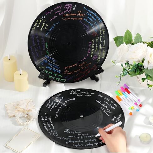 2 Sets Vinyl Wedding Record Guestbooks Alternative 12 Inch DIY Alternative Signature Record Guestbooks with Holders Stickers 8 Color Pens for Wedding Birthday Back to School DIY Party Gifts in Saudi Arabia