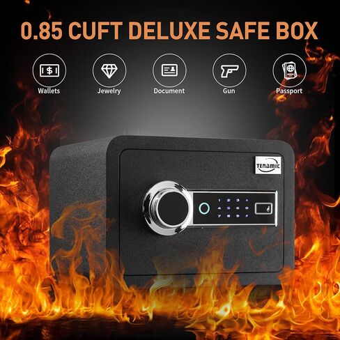Tenamic Biometric Phoushrice Safe Box 0.85 قدم مكعب مقاوم للماء مربع آمن مع ضوء تحريض وجلد ، سبيكة الصلب المكتبية الصلب خزانة منزلية آمنة ، أسود in Kuwait