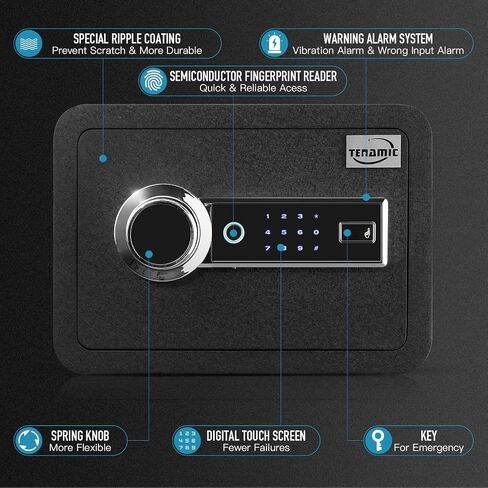 Tenamic Biometric Phoushrice Safe Box 0.85 قدم مكعب مقاوم للماء مربع آمن مع ضوء تحريض وجلد ، سبيكة الصلب المكتبية الصلب خزانة منزلية آمنة ، أسود in Kuwait