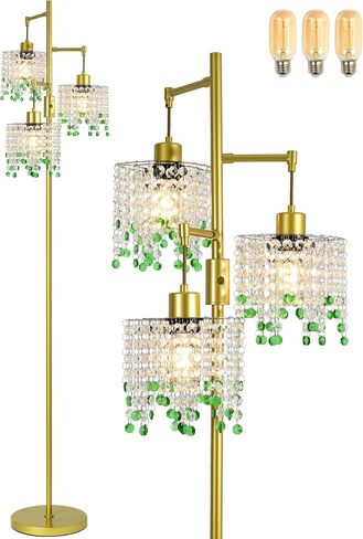 64" Crystal Floor Lamp with 3 Lights, Elegant Crystal Floor Lamp, Modern Standing Lamp, Gold Metal Base, K9 Crystal Beads with Green Accentsfor Living Room, Bedroom, Office in Saudi Arabia