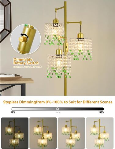 64" Crystal Floor Lamp with 3 Lights, Elegant Crystal Floor Lamp, Modern Standing Lamp, Gold Metal Base, K9 Crystal Beads with Green Accentsfor Living Room, Bedroom, Office in Saudi Arabia