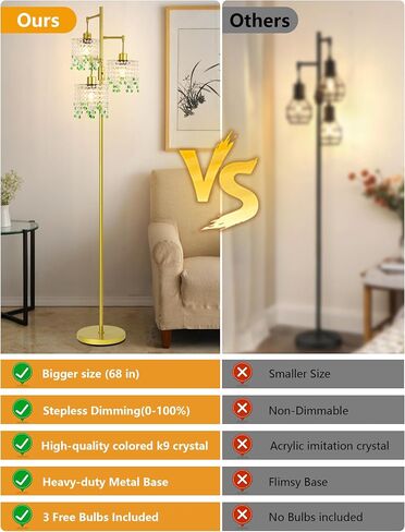 64" Crystal Floor Lamp with 3 Lights, Elegant Crystal Floor Lamp, Modern Standing Lamp, Gold Metal Base, K9 Crystal Beads with Green Accentsfor Living Room, Bedroom, Office in Saudi Arabia