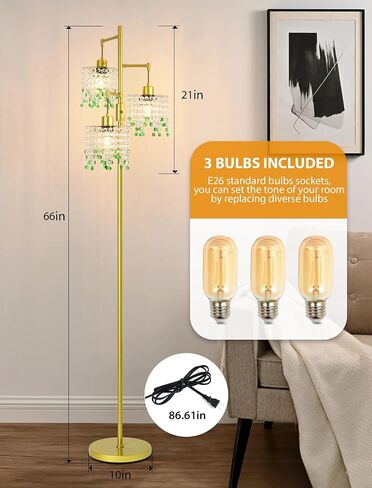 64" Crystal Floor Lamp with 3 Lights, Elegant Crystal Floor Lamp, Modern Standing Lamp, Gold Metal Base, K9 Crystal Beads with Green Accentsfor Living Room, Bedroom, Office in Saudi Arabia