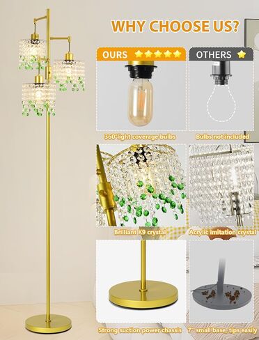 64" Crystal Floor Lamp with 3 Lights, Elegant Crystal Floor Lamp, Modern Standing Lamp, Gold Metal Base, K9 Crystal Beads with Green Accentsfor Living Room, Bedroom, Office in Saudi Arabia