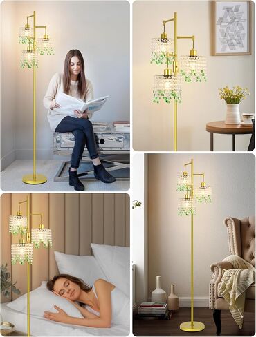 64" Crystal Floor Lamp with 3 Lights, Elegant Crystal Floor Lamp, Modern Standing Lamp, Gold Metal Base, K9 Crystal Beads with Green Accentsfor Living Room, Bedroom, Office in Saudi Arabia