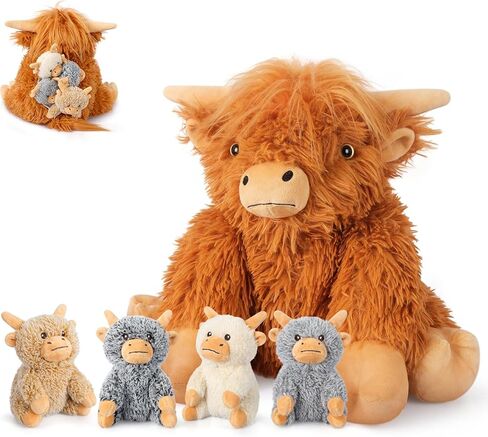 5-in-1 Highland Cow Stuffed Animals with Babies Inside, 5PC Set Highland Cow Plush Mommy & 4 Babies, Soft Pillow Plushies Decor, Cute 3 to 8 Year Old Girl Gifts, Imaginative Play Toy (Cows) in Kuwait